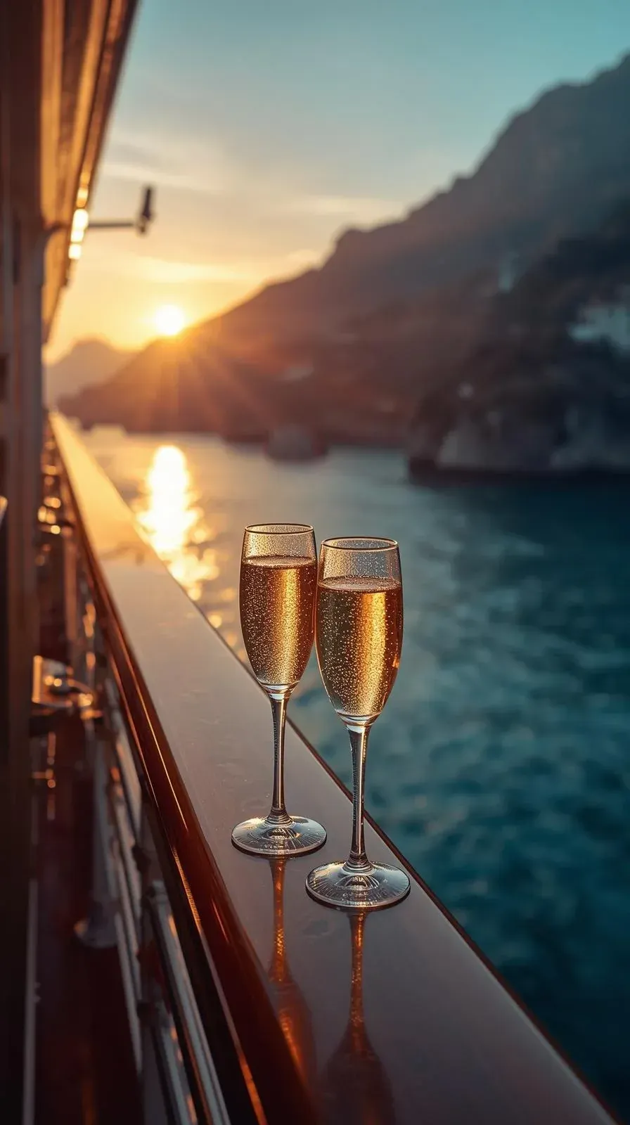 Champagne on a cruise balcony at sunset
